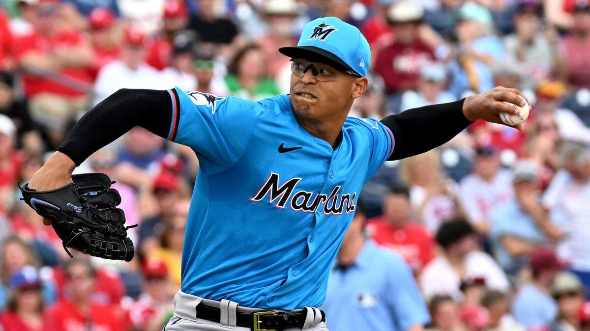 Mar 1, 2024; Clearwater, Florida, USA; Miami Marlins pitcher Jesus Luzardo (44) throws a pitch in the first inning of the spring training game against the Philadelphia Phillies at BayCare Ballpark.