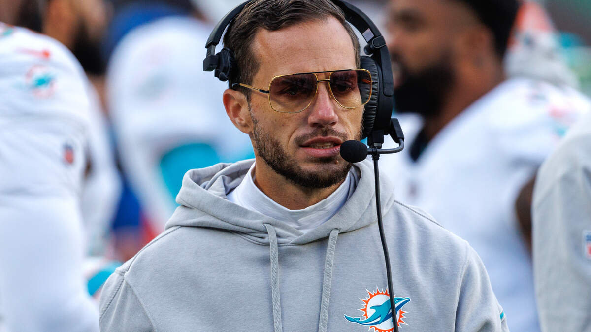 Miami Dolphins head coach Mike McDaniel looks from the sidelines before the start of an NFL football game against the New York Jets at MetLife Stadium on Friday, Nov. 24, 2023 in East Rutherford, New Jersey.