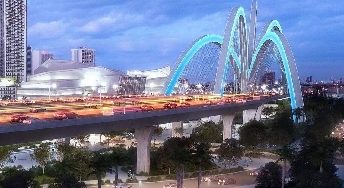 A rendering depicts a reconstructed Interstate 395 overpass and its “signature bridge” arches in downtown Miami, with the Arsht Center to its left.