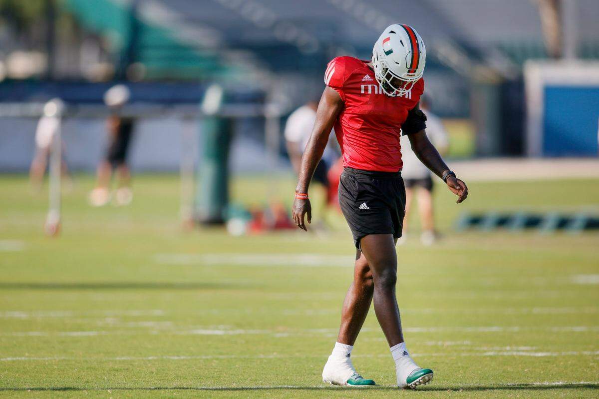Miami Hurricanes safety James William (20) returns after off-season shoulder surgery to football practice at the University of Miami campus in Coral Gables, Florida, Tuesday, April 4, 2023.