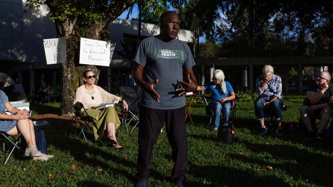 Former Florida International University professor and historian Marvin Dunn speaks to attendees about the Rosewood Massacre during a “Black History Learning Tree” event at FIU on Tuesday, April 1, 2025, in Miami, Fla.