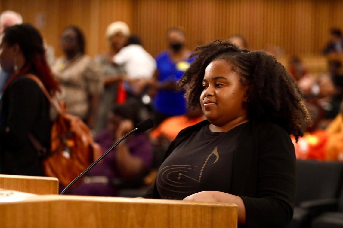 Auriel Hills, Senior, 17 years old, with Dillard High School, Vocal Arts program talks during the Miami-Dade County budget hearing , members advocate against the cut of funds for the Cultural Affairs Department’s grant program, at Stephen P. Clark Government Center, 111 NW First Street, Miami on Thursday September 5., 2024.