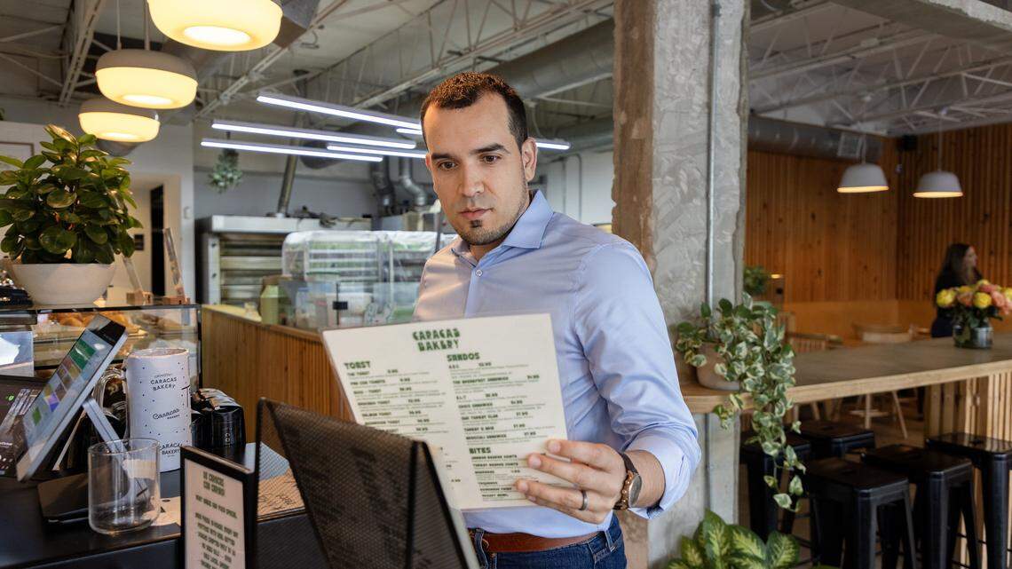 Hector Mujica, a Broward Democrat who is launching a campaign for U.S. Senate in Florida, visits one of his favorite eateries in Miami’s Upper East Side, Caracas Bakery, on Friday, October 10, 2025.