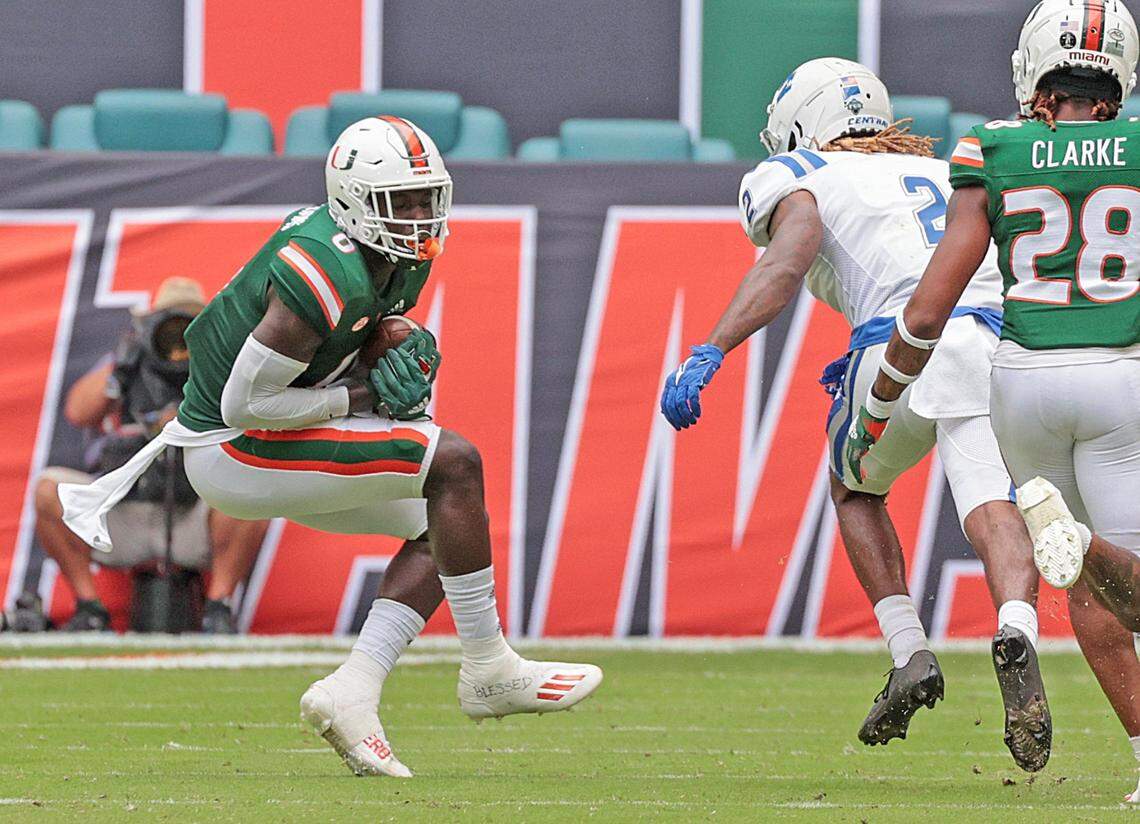 Miami Hurricanes safety James Williams (0) intercepts the ball in the fourth quarter during game against Central Connecticut State Blue Devils at Hard Rock Stadium in Miami Gardens on Saturday, September 25, 2021.