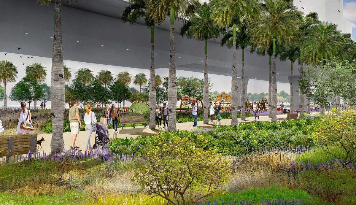 A rendering of a walking trail at The Underdeck below I-395