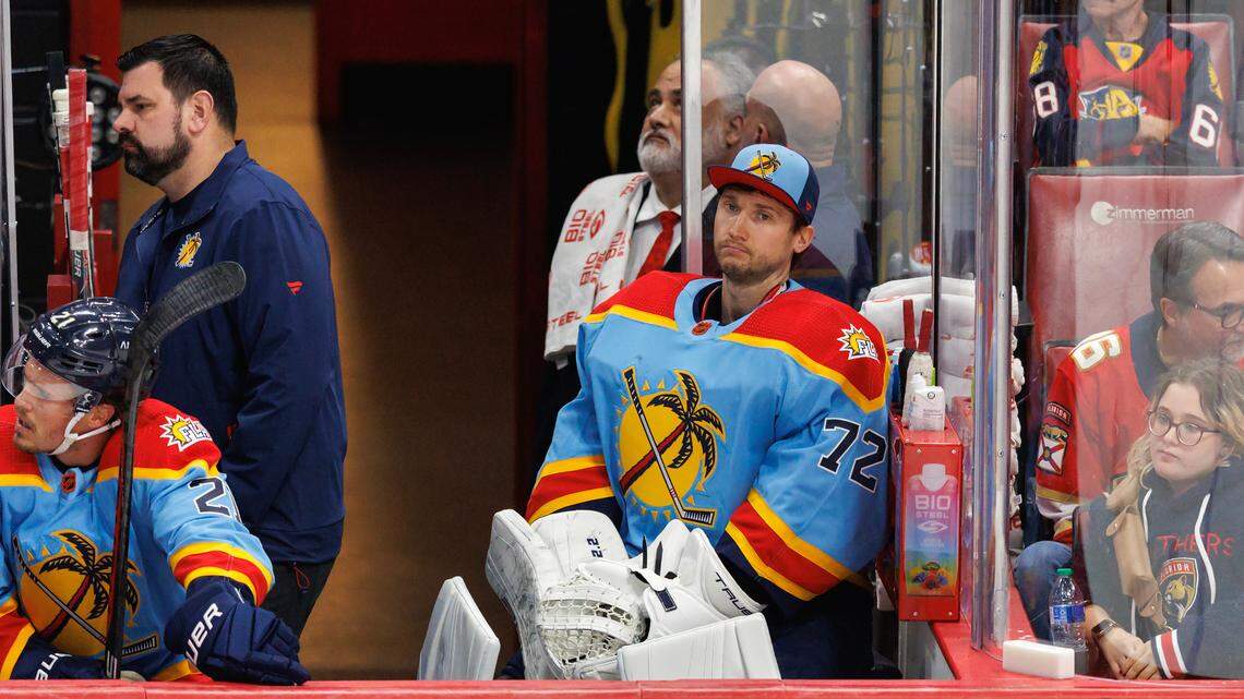 Florida Panthers goaltender Sergei Bobrovsky (72) looks from the bench during the second period of an NHL game against the Calgary Flames at FLA Live Arena on Saturday, November 19, 2022 in Sunrise, Fl.