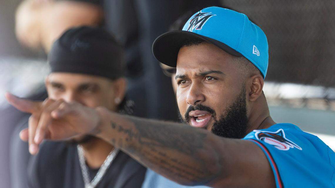 Miami Marlins pitcher Sandy Alcantara (22) reacts as he attends spring training workouts for pitchers and catchers at Roger Dean Chevrolet Stadium on Wednesday, Feb. 12, 2025, in Jupiter, Fla.