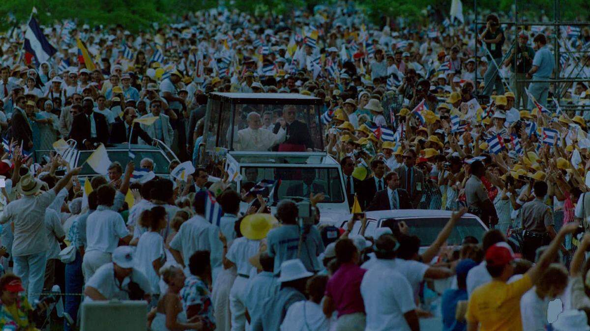 Pope John Paul II travels in his Popemobile during his trip to Miami in 1987.