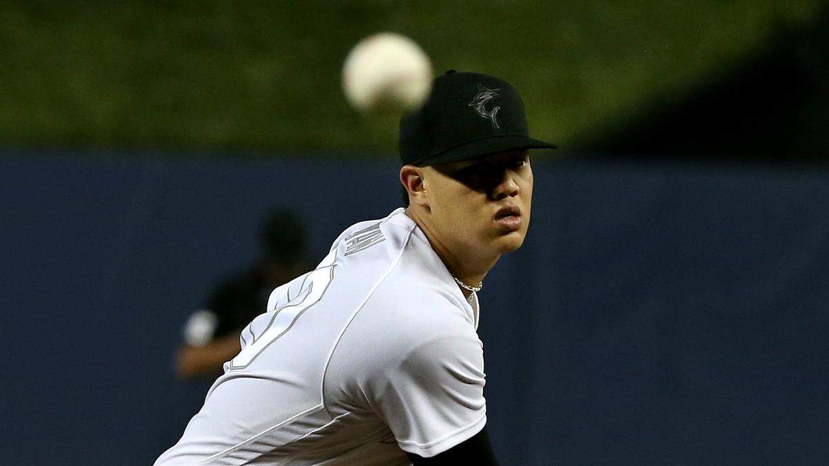 Marlins pitcher Jordan Yamamoto pitches in the second inning of the Miami Marlins vs Philadelphia Philips, game at the Marlins Park in Little Havana in Miami on Saturday August 24, 2019.