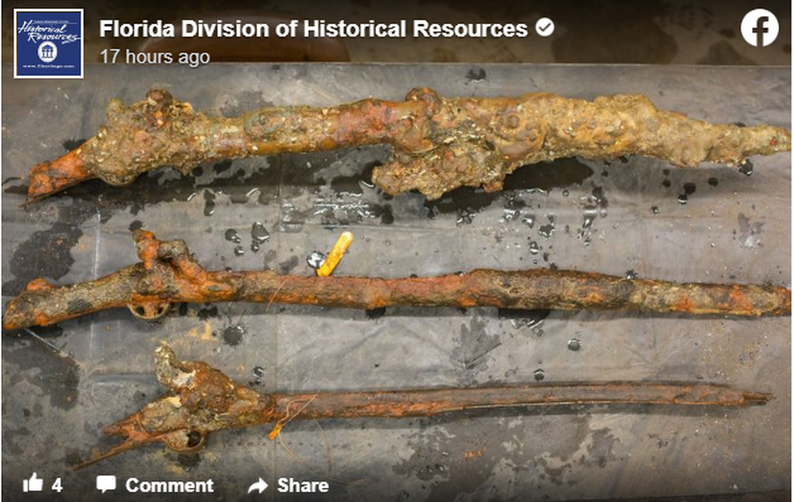 This is what the muskets looked like when pulled from the ocean floor.