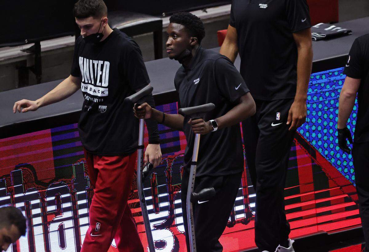 Miami Heat guard Victor Oladipo (4) looks from the bench during a timeout in the first quarter of Game 3 of their first-round playoff series against the Milwaukee Bucks on May 27, 2021 at AmericanAirlines Arena.