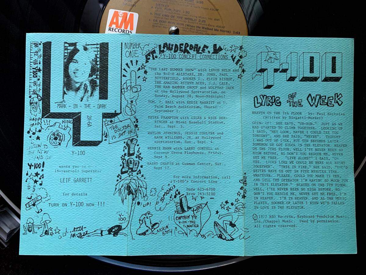 DJ Mark in the Dark was a popular name on Y-100’s DJ roster in the 1970s. He is pictured on this Y-100 playlist from Aug. 17, 1977. The No. 1 song in South Florida, according to Y-100, was Heatwave's "Boogie Nights." The No. 1 album was "Rumours" by Fleetwood Mac.