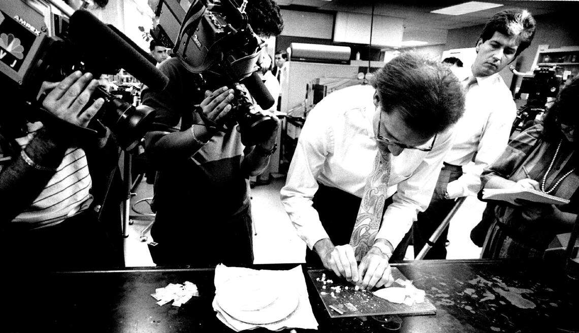 BSO Drug Chemist Randy Hilliard cutting up crack that would be used in reverse-sting operations. Thirty years later, the Broward State Attorney is undertaking a project to ensure those arrested during that era have their convictions overturned.