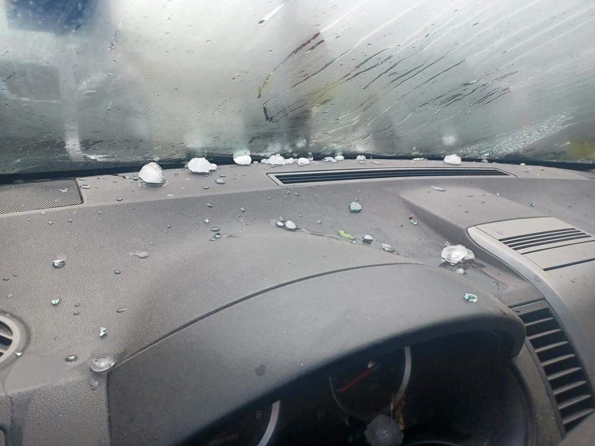 Stephanie Arnold-LaFlam Limardo found hail on her car’s dashboard after her rear window was blown out during the storm.