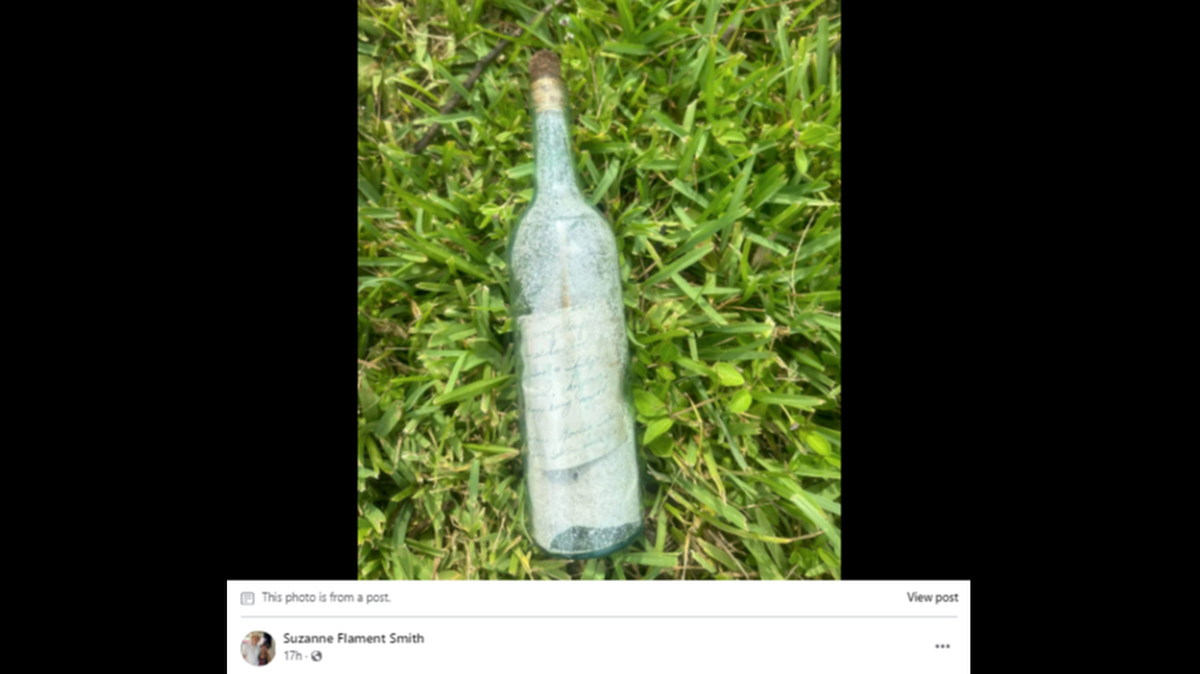 Suzanne Flament Smith says she found the bottle Aug. 7 along Old Tampa Bay, two days after Hurricane Debby made landfall in Florida.