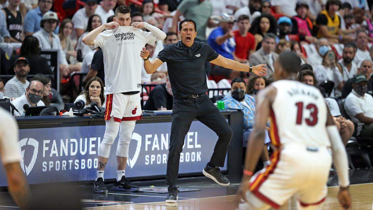 Miami Heat coach Erik Spoelstra reacts during game against the Atlanta Hawks at the FTX Arena in Miami, Florida on Sunday, April 17, 2022.