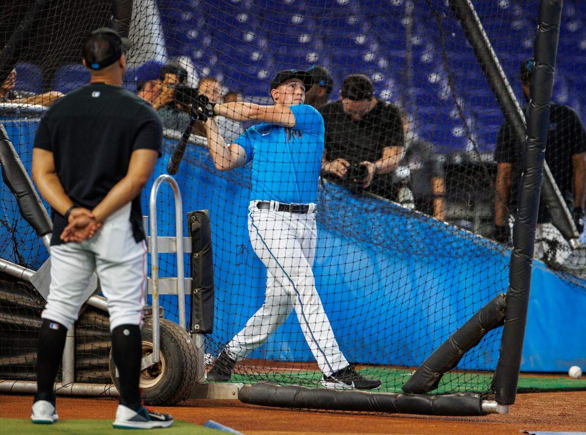 Miami Marlins 2022 first-round pick Jacob Berry during batting practice before the start of a baseball game against the Texas Rangers at LoanDepot Park on Thursday, July 21, 2022 in Miami, Florida.