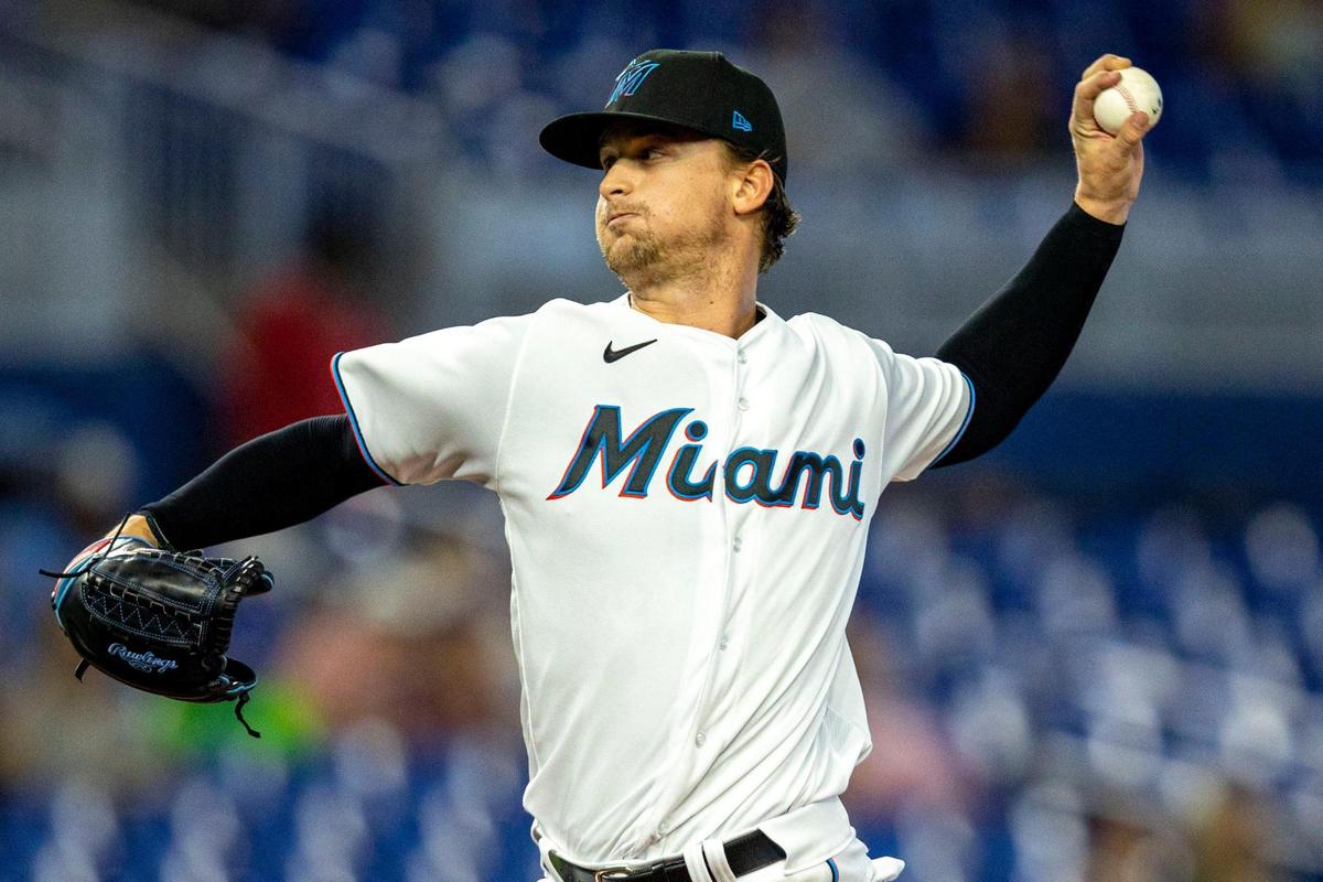 Miami Marlins pitcher Braxton Garrett (60) throws the ball during the first inning of an MLB game against the Colorado Rockies at loanDepot park in the Little Havana neighborhood of Miami, Florida, on Thursday, June 23, 2022.