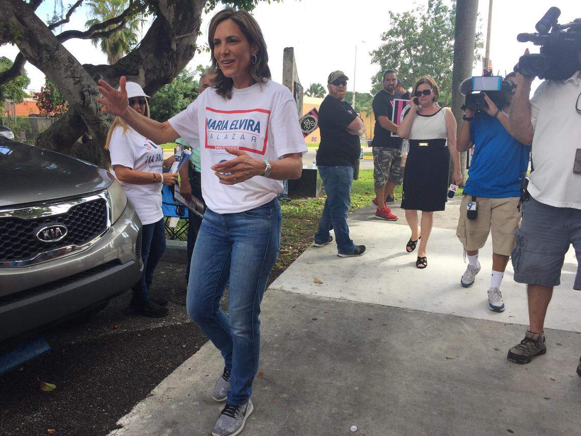 Former Spanish-language TV host Maria Elvira Salazar makes the rounds at Miami-Dade polling places in her quest to replace Ileana Ros-Lehtinen for Congress in District 27.