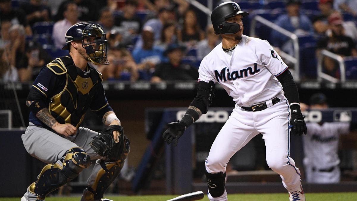 Isan Diaz of the Miami Marlins hits an RBI single in the fourth inning against the Milwaukee Brewers at Marlins Park on September 10, 2019 in Miami, Florida.