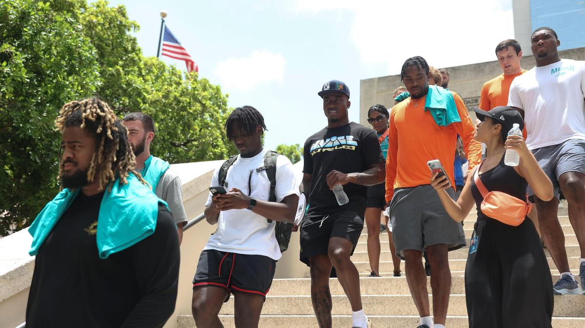 The Miami Dolphins rookie class participates in a historic walking tour of Downtown Miami with local community groups on Wednesday, June 15, 2022, beginning with tour leaders at the History Miami Museum.