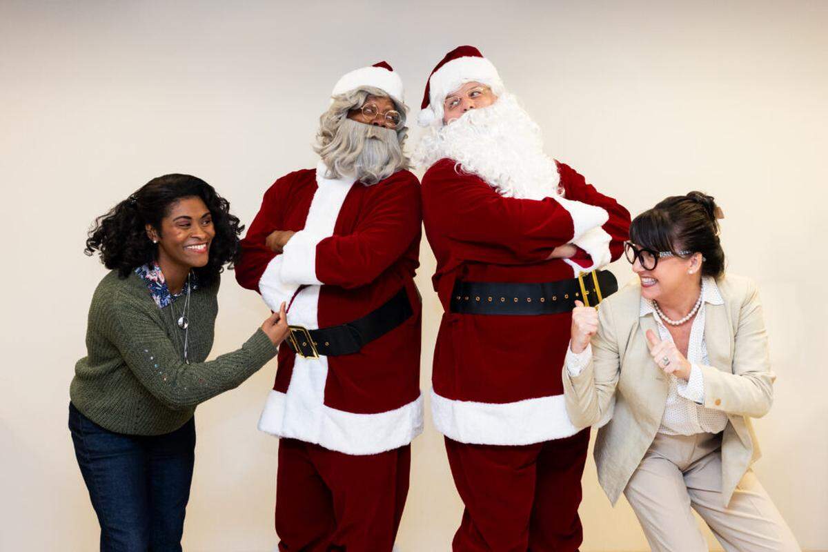 The battle over Santa’s race is a touchpoint in the play “Black Santa” with Rita Cole, left, as Patrice Patterson and Niki Fridh as Principal Ward in City Theatre’s production.