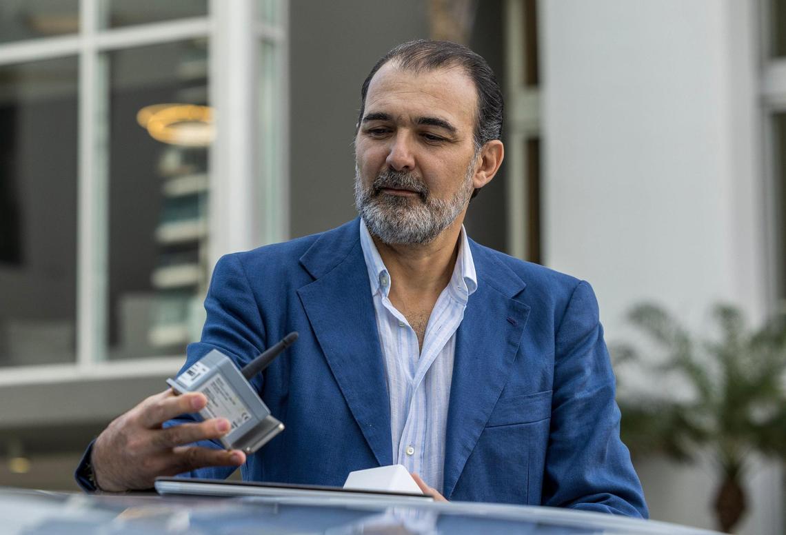 Mario Verciani, CEO of SmartCore Systems, holds a sensor same as the ones installed at the Bay House Miami Residences in Edgewater, by his company that provides structural health monitoring (SHM) services to buildings including condominiums, in Miami, on Tuesday February 11, 2025.