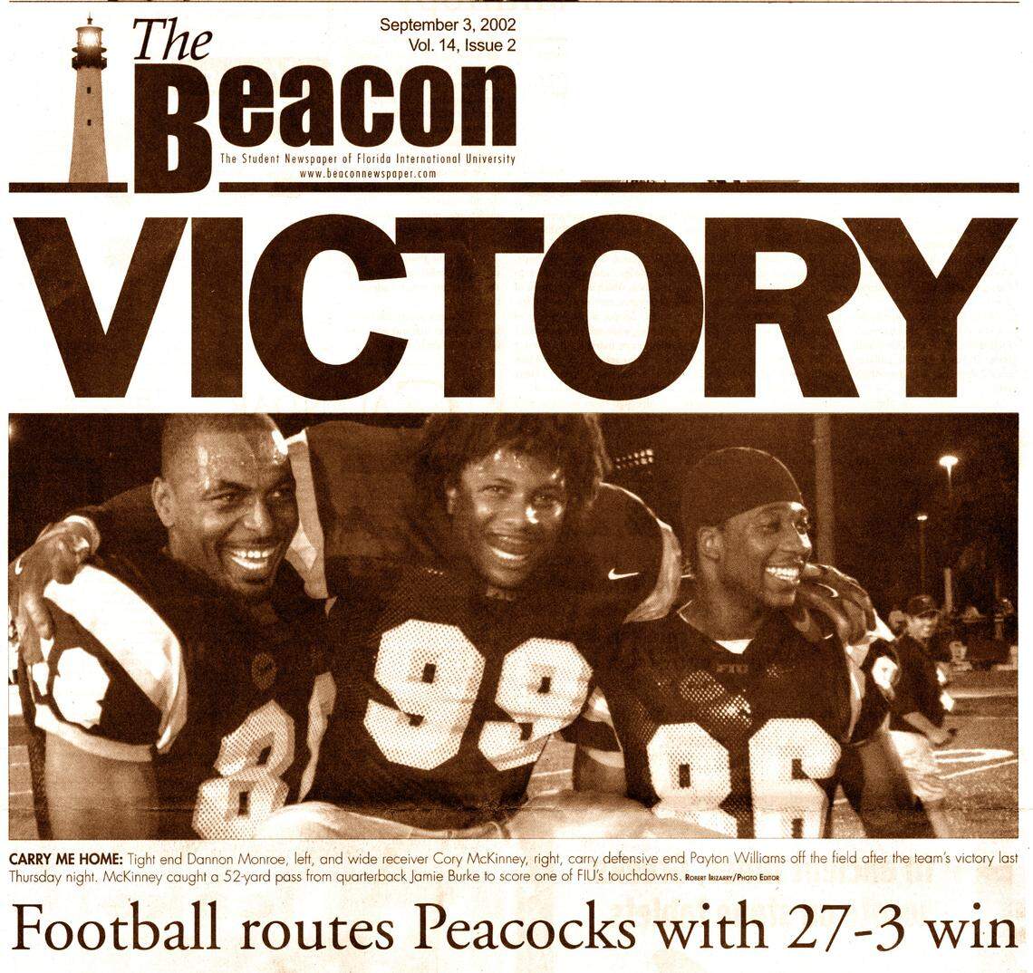 The FIU football team wins its inaugural game on Aug. 29, 2002, against St. Peter’s College in New Jersey, 27-3.