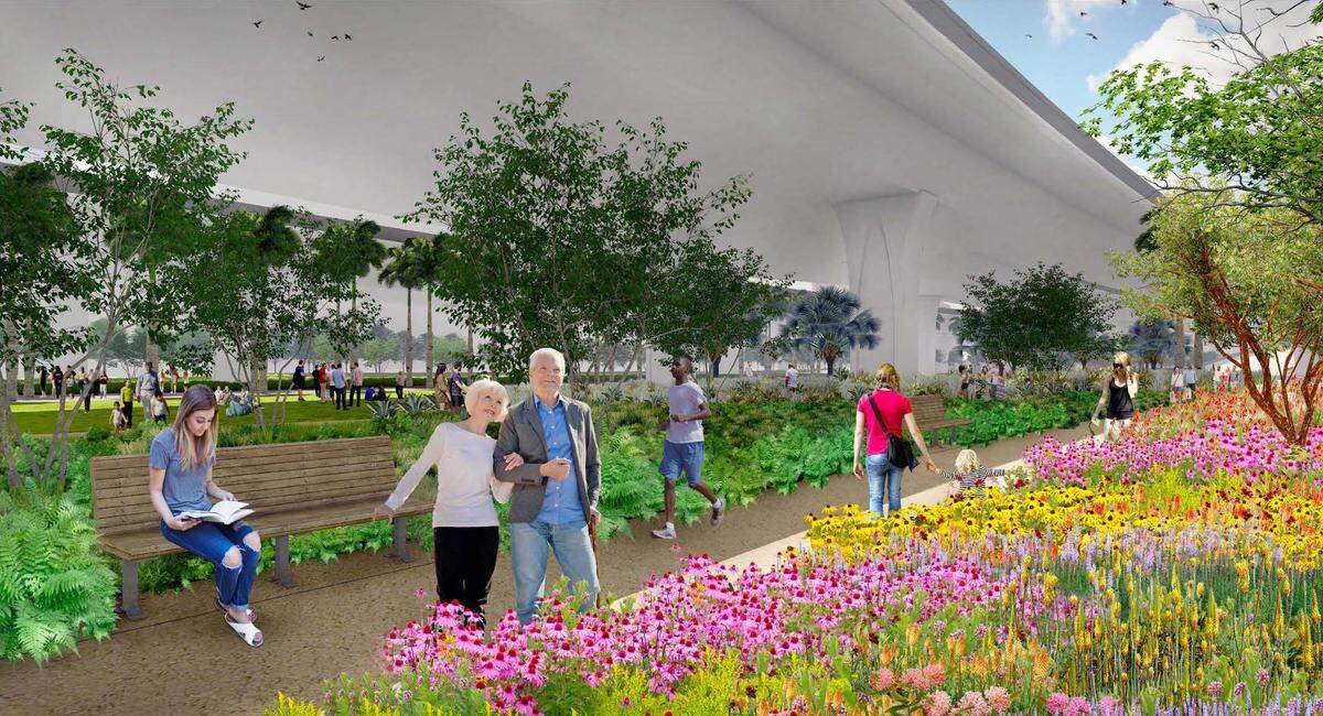 A rendering of a walking trail at The Underdeck below I-395