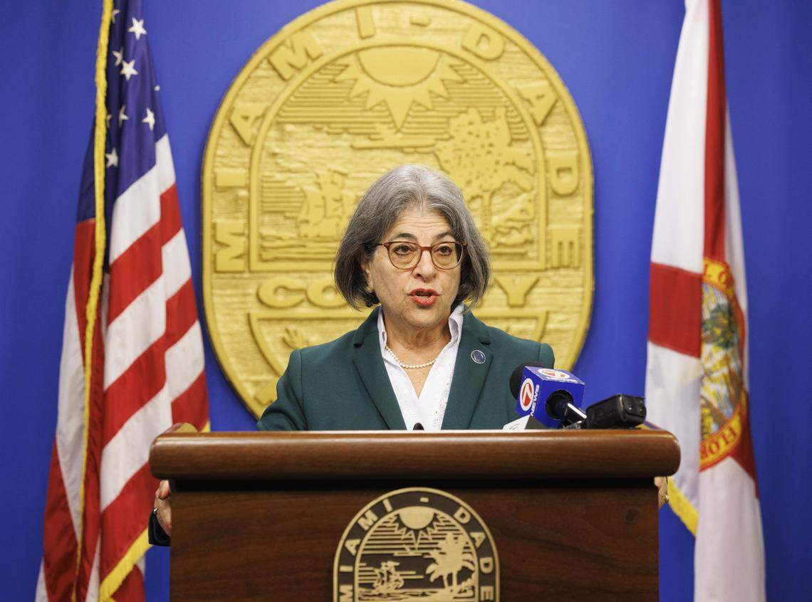 Miami Mayor Daniella Levine Cava speaks to the press about the budget before a Miami-Dade County Commission meeting on Wednesday, Aug. 20, 2025, at the Stephen P. Clark Government Center in downtown Miami.
