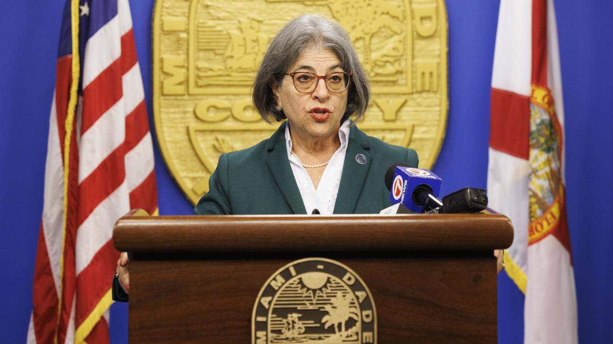 Miami Mayor Daniella Levine Cava speaks to the press about the budget before a Miami-Dade County Commission meeting on Wednesday, Aug. 20, 2025, at the Stephen P. Clark Government Center in downtown Miami.