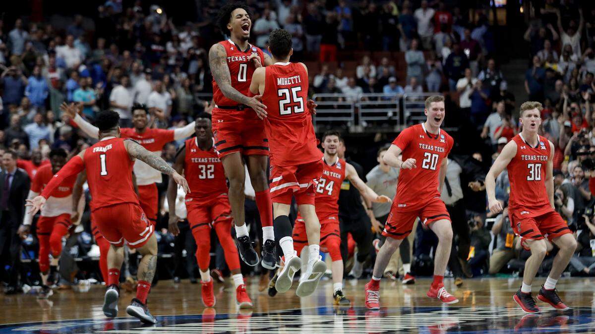 In this March 30, 2019, file photo, Texas Tech celebrates after a win against Gonzaga in the West Regional final in the NCAA Tournament in Anaheim, Calif.