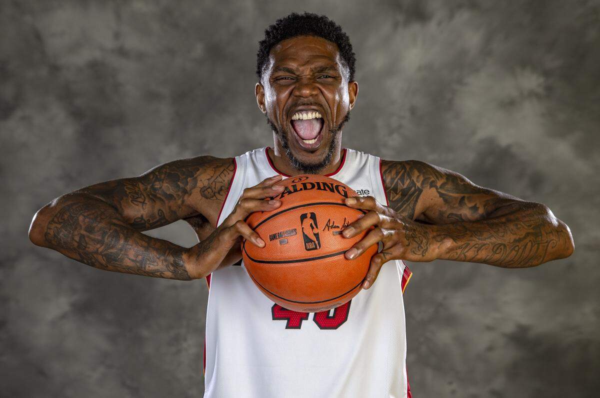 Udonis Haslem poses for a photograph during Miami Heat Media Day at American Airlines Arena in Miami on Monday, September 30, 2019.