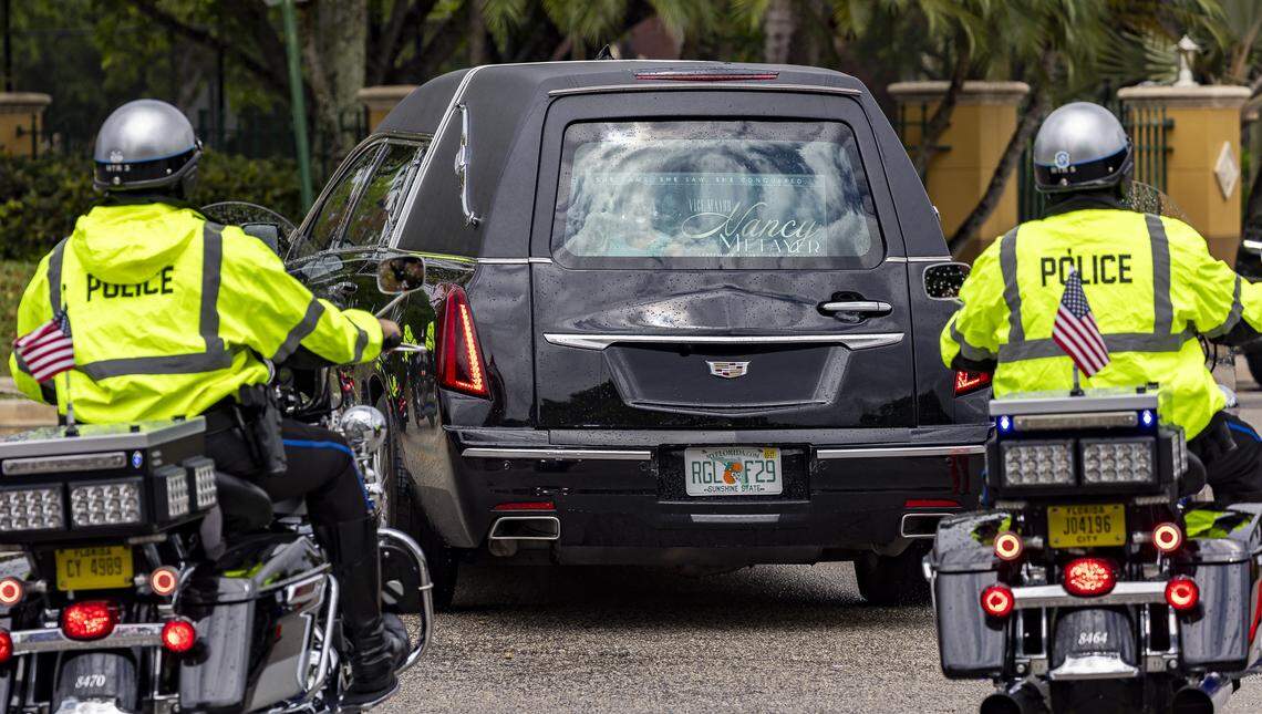 A hearse leaves the funeral service for Coral Springs Vice Mayor Nancy Metayer Bowen at Church By The Glades on Friday, April 17, 2026, in Coral Springs, Fla.
