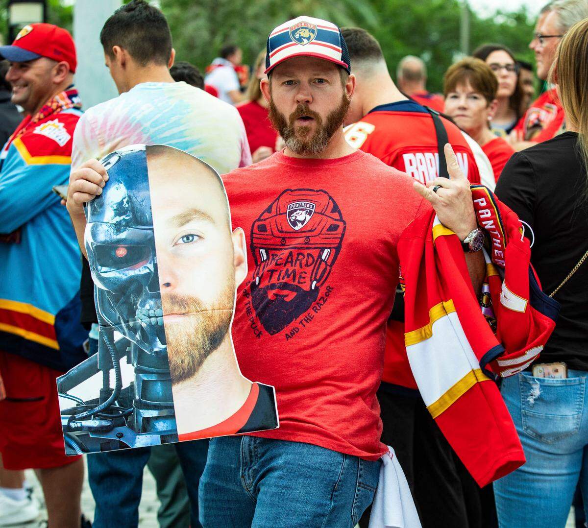 Florida Panthers fan Chris Mckee arrives to a watch party at the Amerant Bank Arena before his team plays against the Edmonton Oilers in Game 4 of the NHL Stanley Cup Finals.