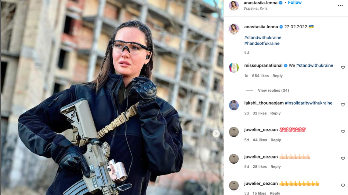 Former Miss Ukraine Anastasiaa Lenna posted a photo last showing her with a gun. But is she fighting against Russia?