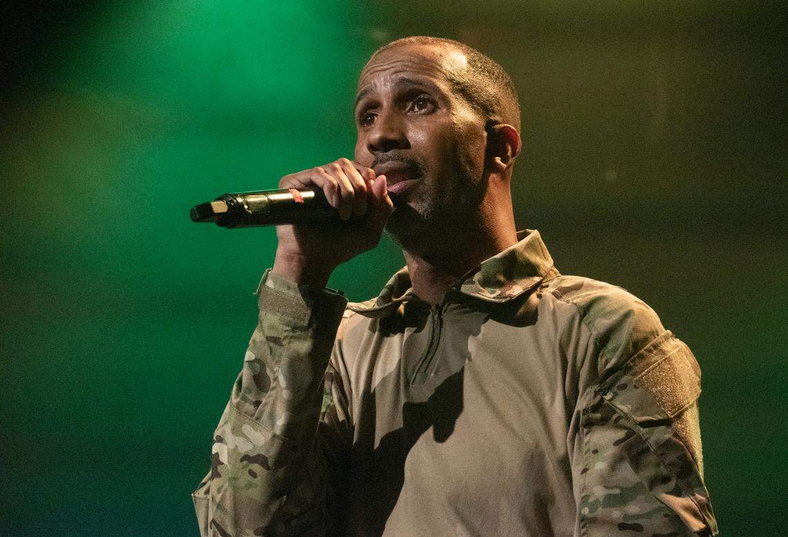 New Orleans rapper Mac, whose real name is McKinley Phipps, performs at the House of Blues in New Orleans’ French Quarter on Friday, July 21, 2023. Phipps’ lyrics were used against him in his 2001 murder case. He was convicted of manslaughter in a 10-2 verdict and was paroled in 2021.