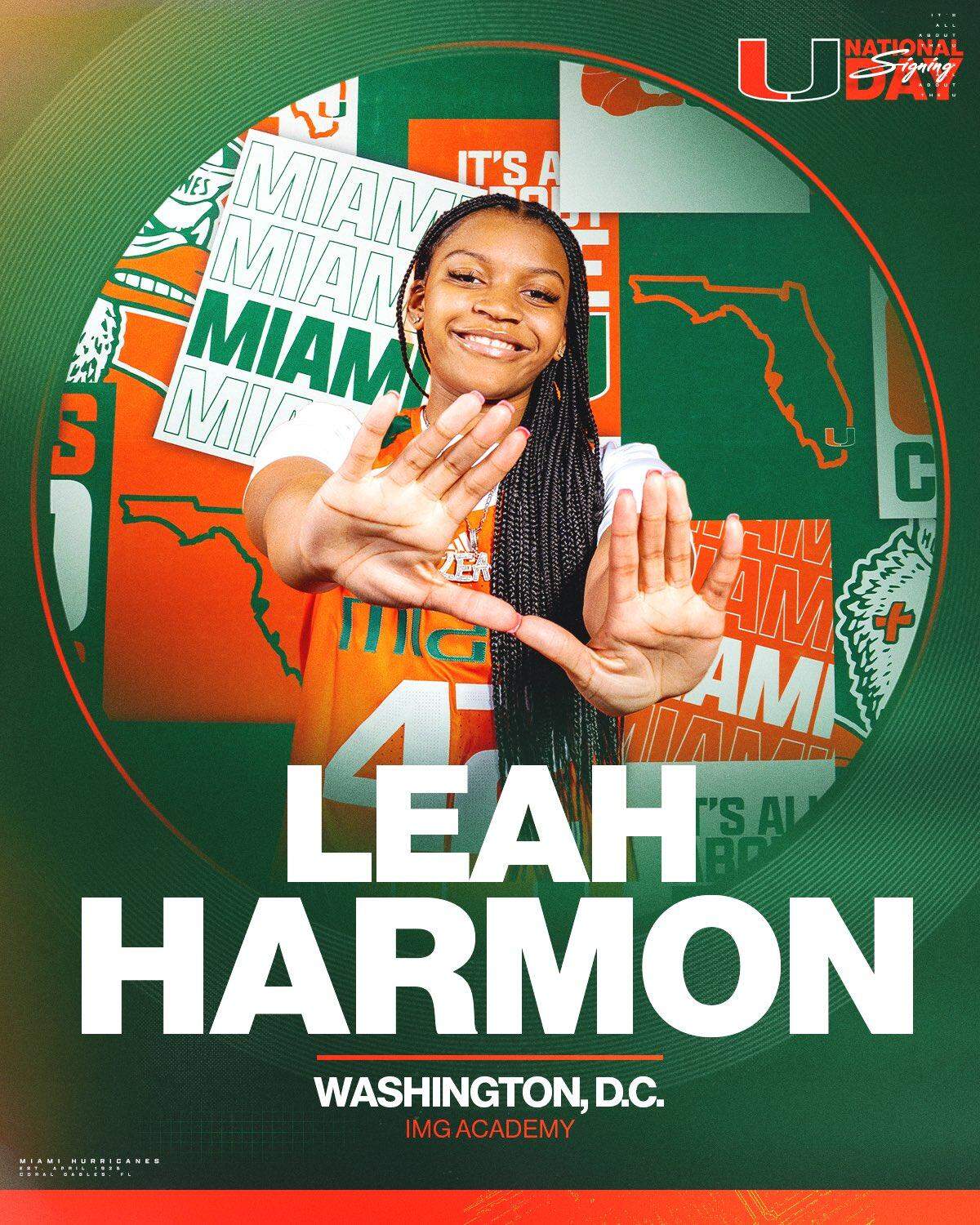 Five-star 2024 recruit Leah Harmon of Washington, D.C. signed with the University of Miami
