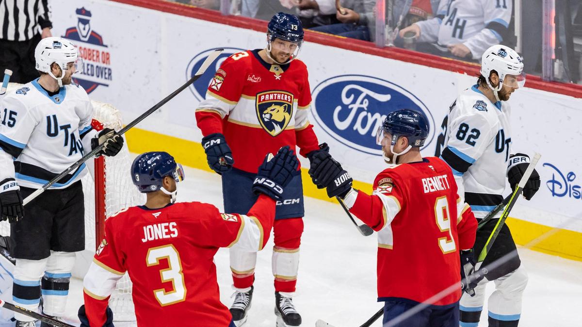Florida Panthers center Sam Bennett (9) celebrates after scoring a goal against Utah Hockey Club goaltender Karel Vejmelka (70) in the second period of their NHL game at Amerant Bank Arena on Friday, March 28, 2025, in Sunrise, Fla.
