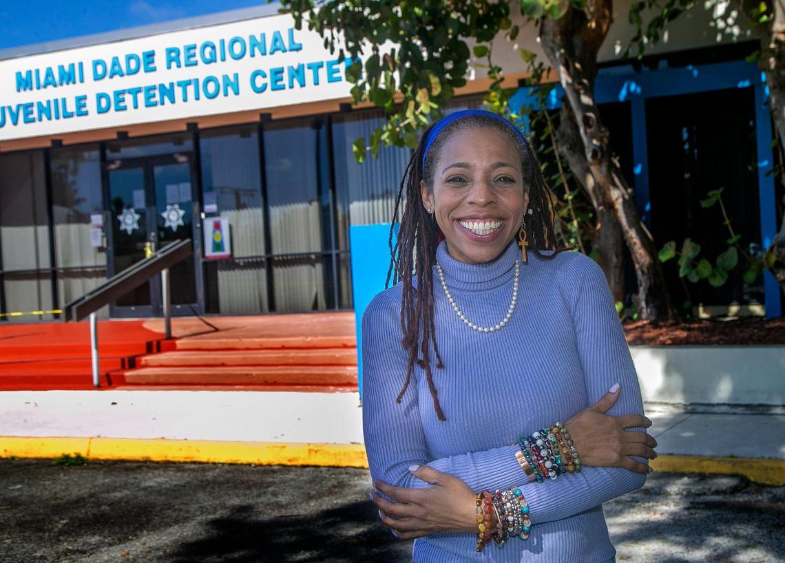 Miami-Dade Teacher of the Year Finalist Denise White, winner in the Alternative Education category, in front of the Juvenile Justice Center School in Miami on Tuesday, Jan. 26, 2021.