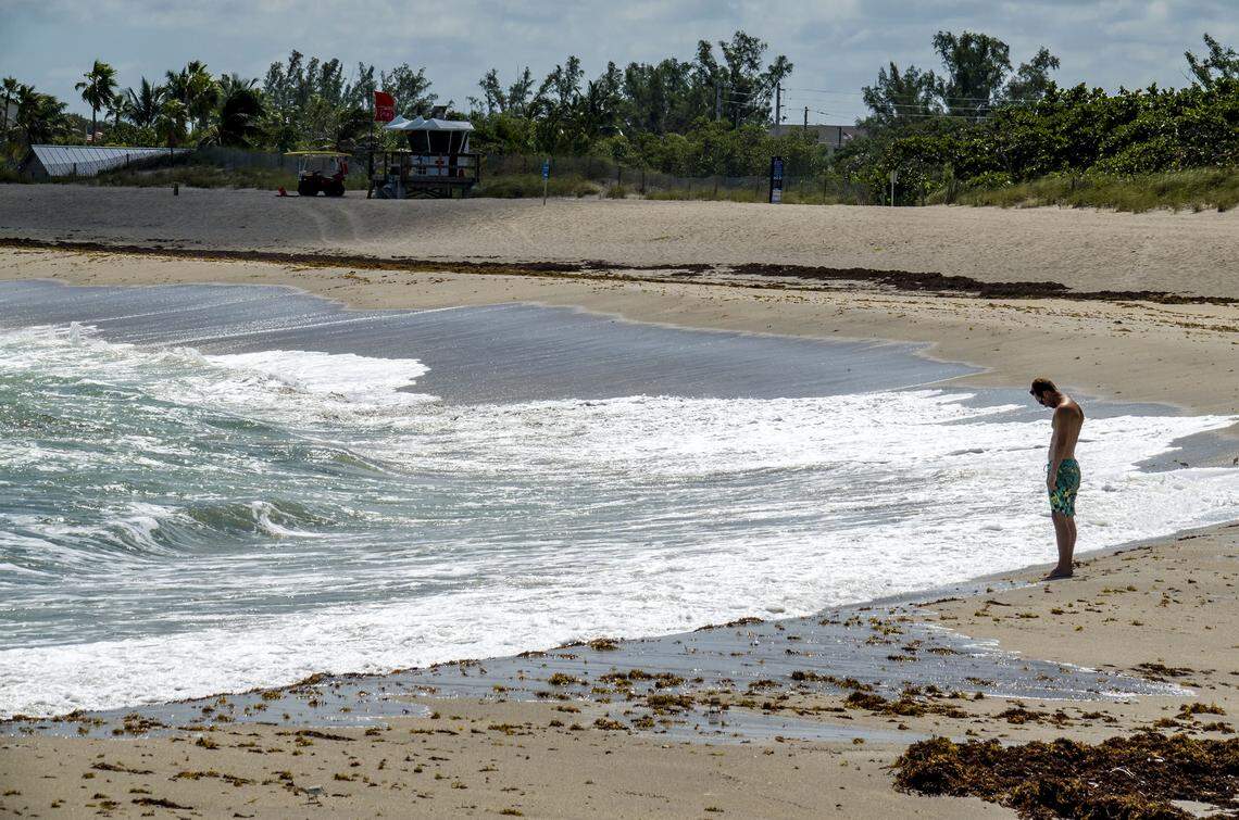Zach McGowen, of Jupiter, checks out the water for possible surfing conditions south of Jupiter inlet on Monday.  McGowen said he had just come from the Juno Beach Pier area, where he noticed much stronger respiratory irritants in the air.  The state confirmed a red tide bloom on Monday, though not one as severe as along Florida’s Gulf Coast.