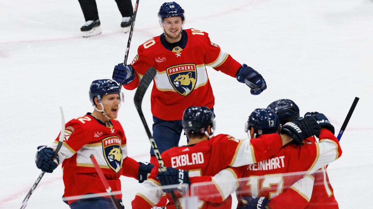 The Florida Panthers celebrate a goal by Florida Panthers center Sam Reinhart (13) during the second period of Game 5 of a second-round Stanley Cup Playoff series on Tuesday, May 14, 2024, at Amerant Bank Arena in Sunrise, Fla.
