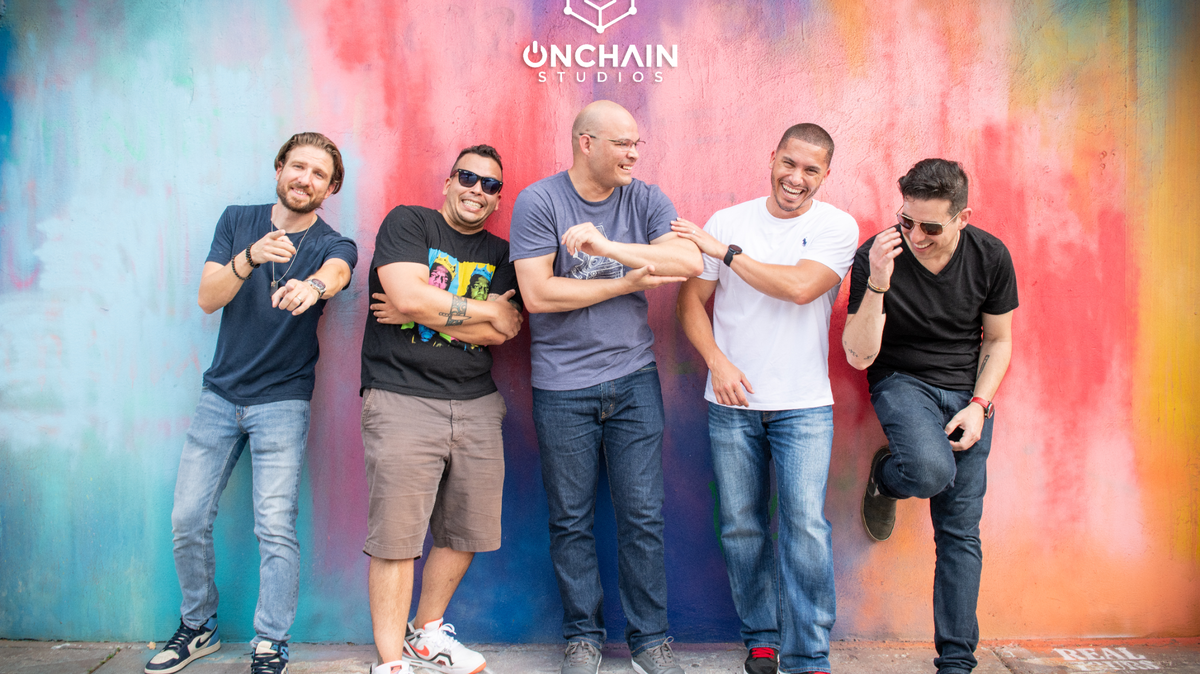 The OnChain Studios founding team, from left: Will Weinraub, Alfonso Martinez, Freddy Oropeza, Jhonathan Torres, and Emilio Cueto.