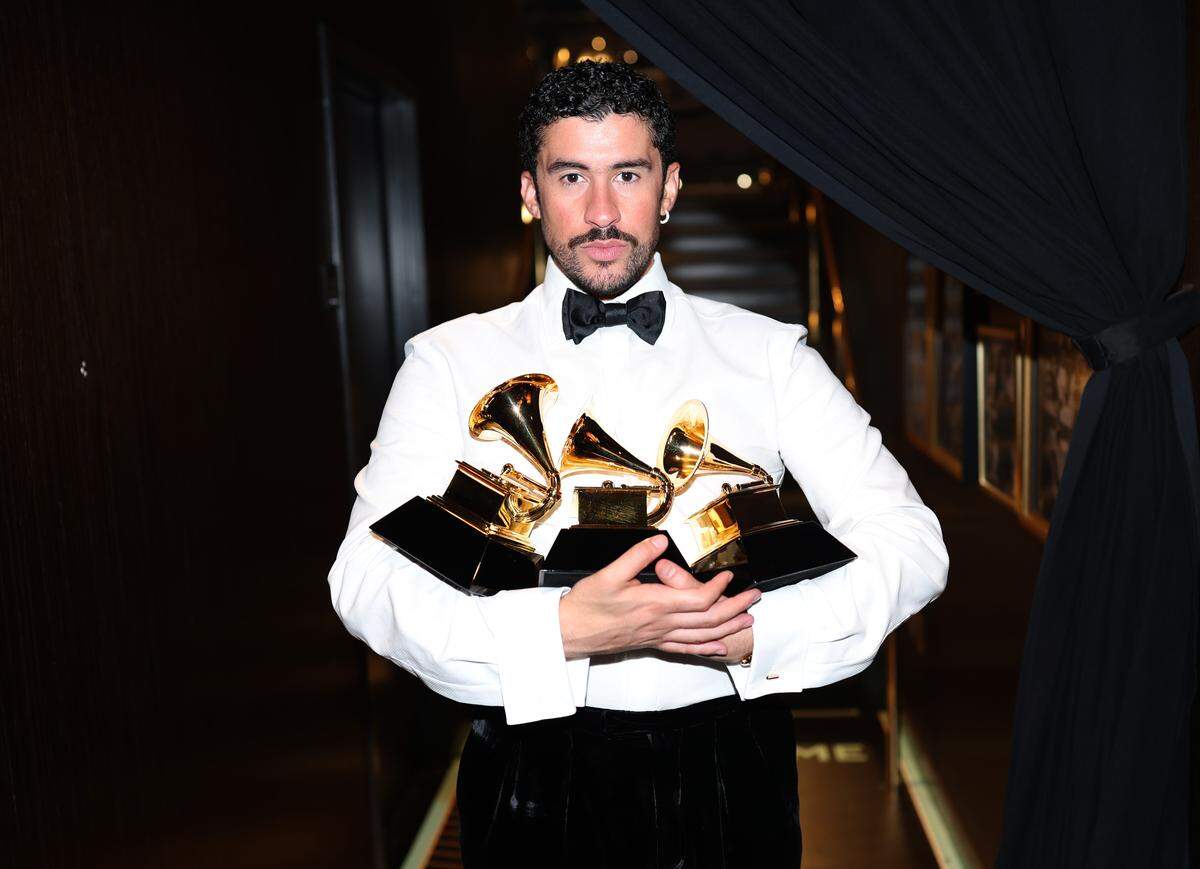 LOS ANGELES, CALIFORNIA - FEBRUARY 01: Bad Bunny poses with the Album of the Year, Best Música Urbana Album, and Best Global Music Performance Awards during the 68th GRAMMY Awards at Crypto.com Arena on February 01, 2026 in Los Angeles, California. (Photo by Matt Winkelmeyer/Getty Images for The Recording Academy)