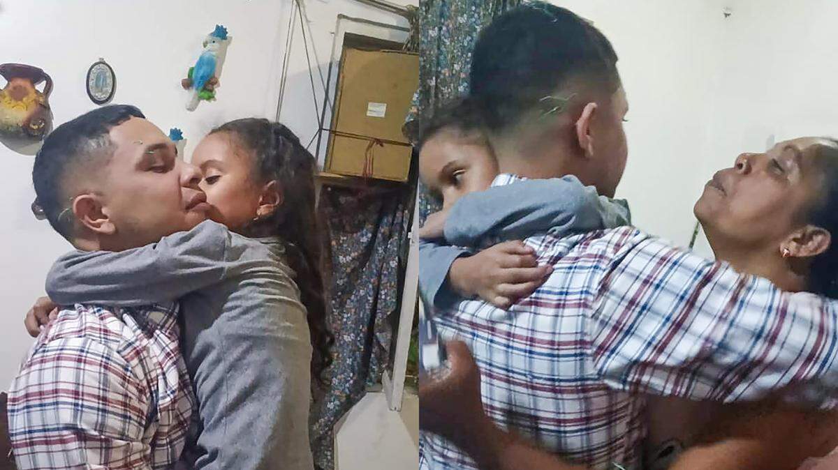 Neiyerver Adrian Leon Rengel reunites with his 6-year-old daughter, Isabella, and his mother Sandra Rengel, 50, in Caracas, after being detained in the U.S. and deported to El Salvador, where he was accused of ties to the Tren de Aragua gang.