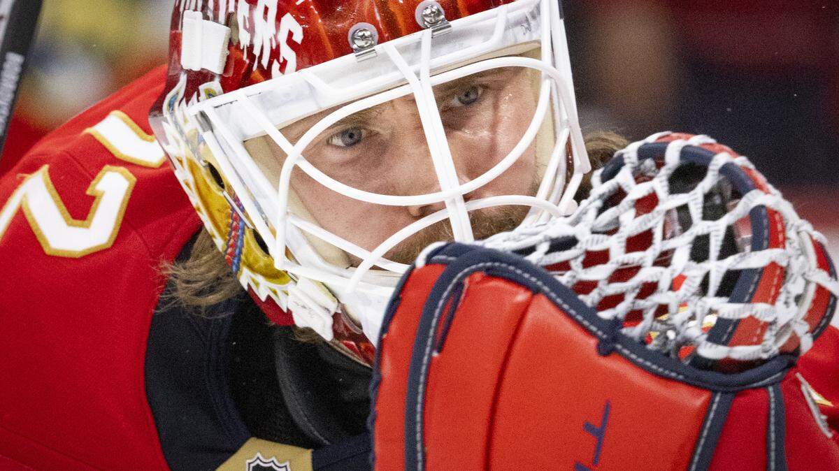 Florida Panthers goaltender Sergei Bobrovsky (72) catches a shot in his glove in warmups of Game 4 during the Eastern Conference final of the NHL Stanley Cup playoffs against the Carolina Hurricanes at the Amerant Bank Arena on Monday, May 26, 2025 in Sunrise, Fla.