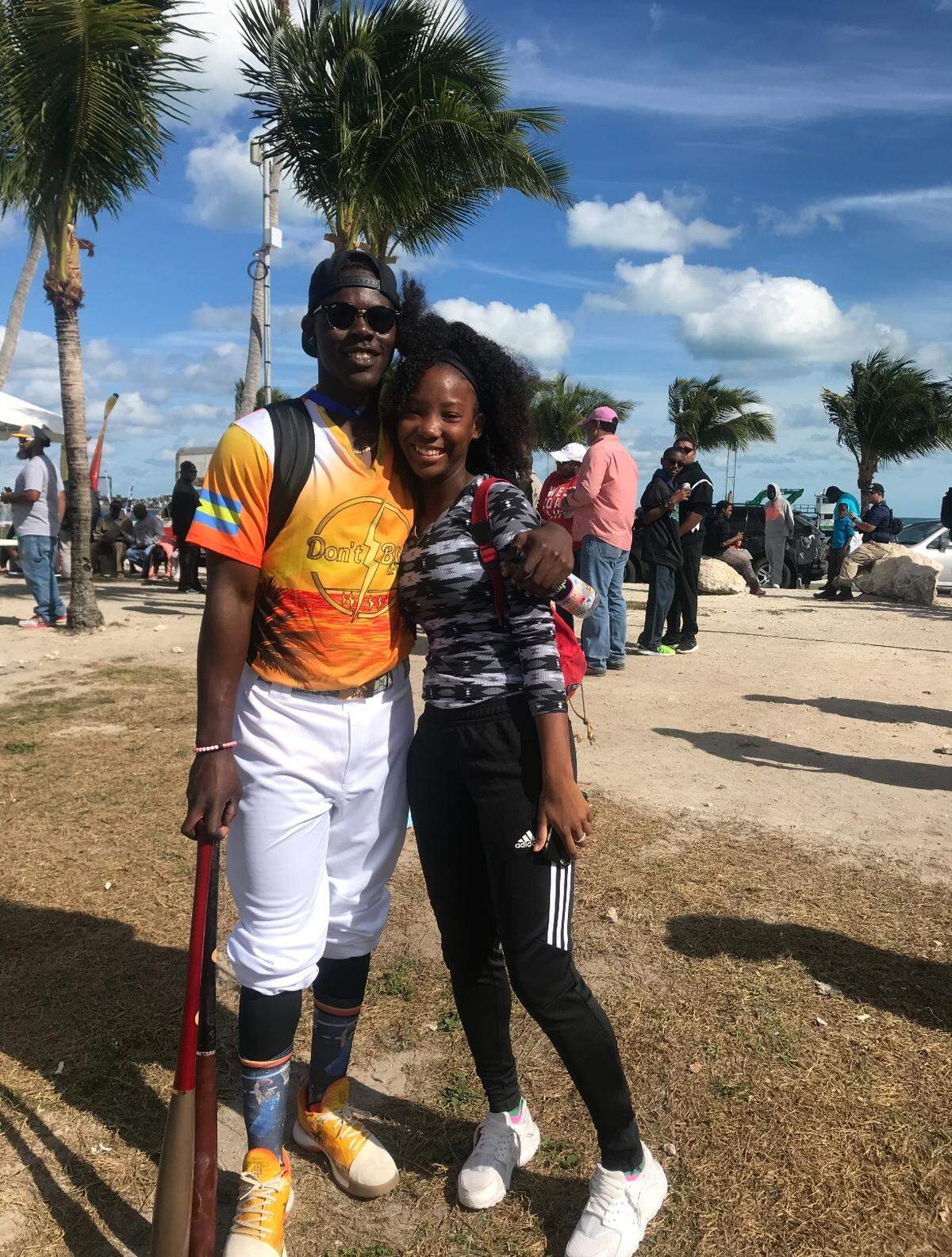 Miami Dade College softball player Atayva Fowler with Marlins outfielder Jazz Chisholm Jr.