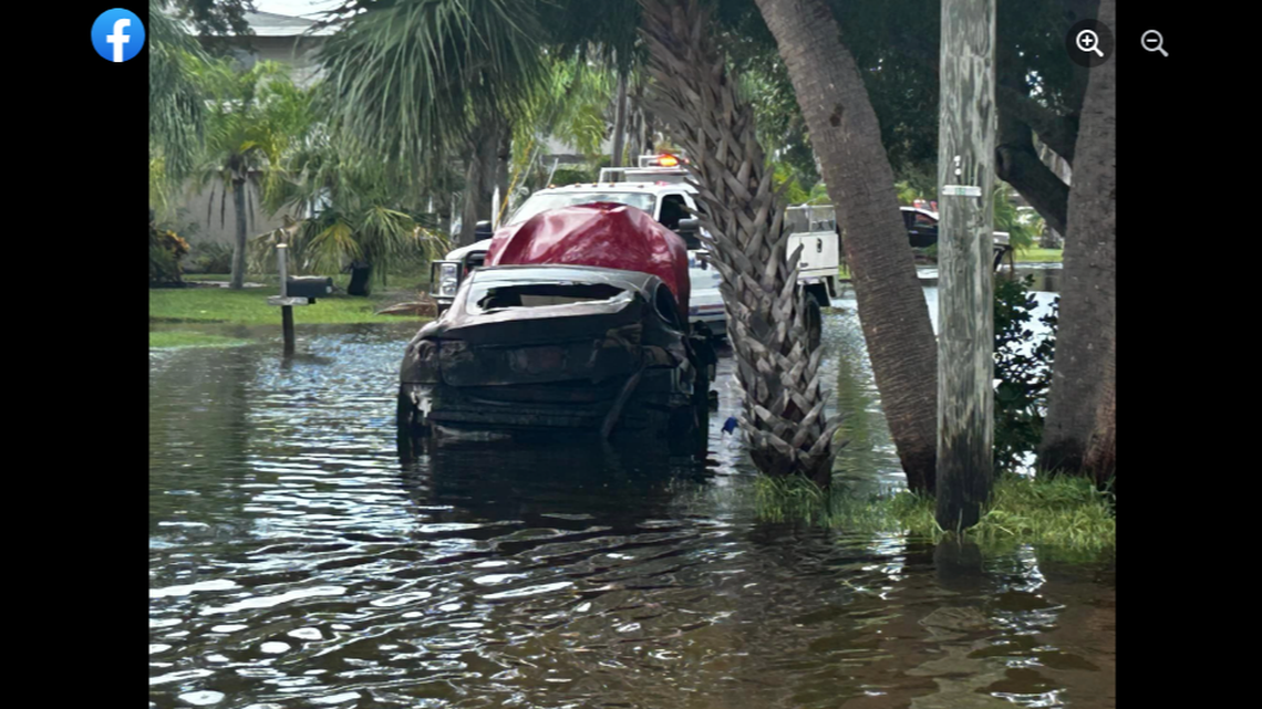 A Tesla burst into flames in Palm Harbor after it was flooded with saltwater during Hurricane Idalia, the fire department said.