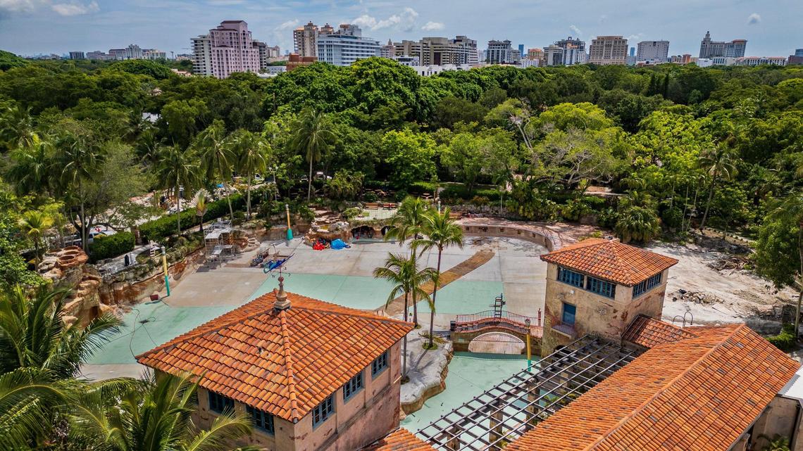 An aerial view of the Venetian Pool in Coral Gables, which is currently undergoing renovations, on Tuesday, July 22, 2025. The pool has been closed to the public since October 2024 and is now undergoing renovations.