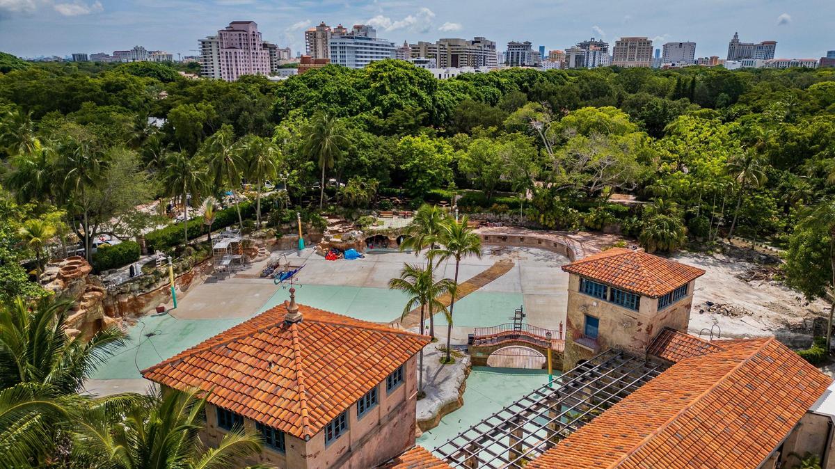 Aerial view of the Venetian Pool in Coral Gables on Tuesday, July 22, 2025, while it was undergoing renovations. The pool has been closed to the public since October 2024 and is set to open in December.